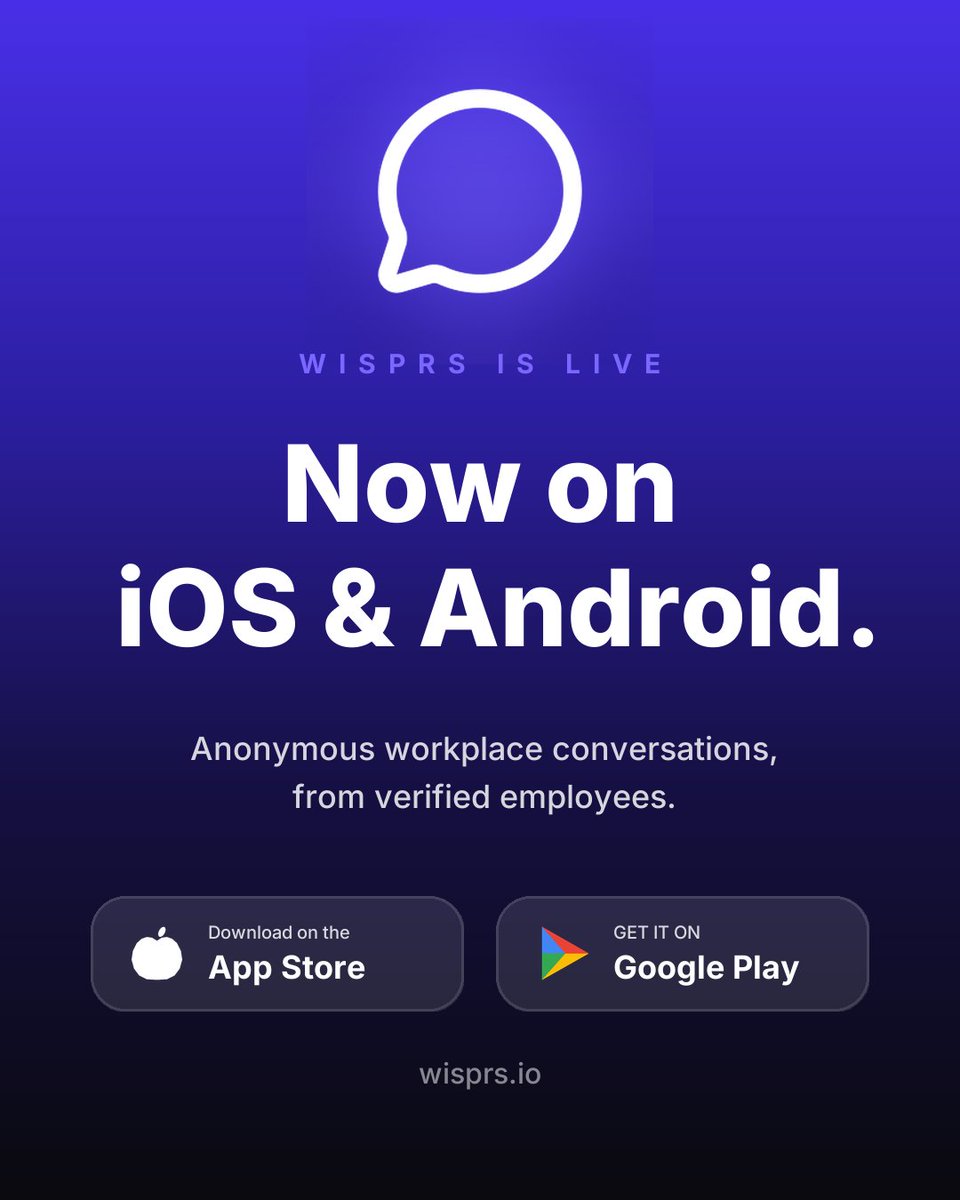 Wisprs_io's tweet photo. It’s time to change the way we talk about work.
Wisprs is the place where you can do that - anonymously with colleagues, across every workplace.
Today, we go live on iOS and Android.
Talk to your company. Talk to every company. See what work is really like. https://t.co/u2aMX1PrRp