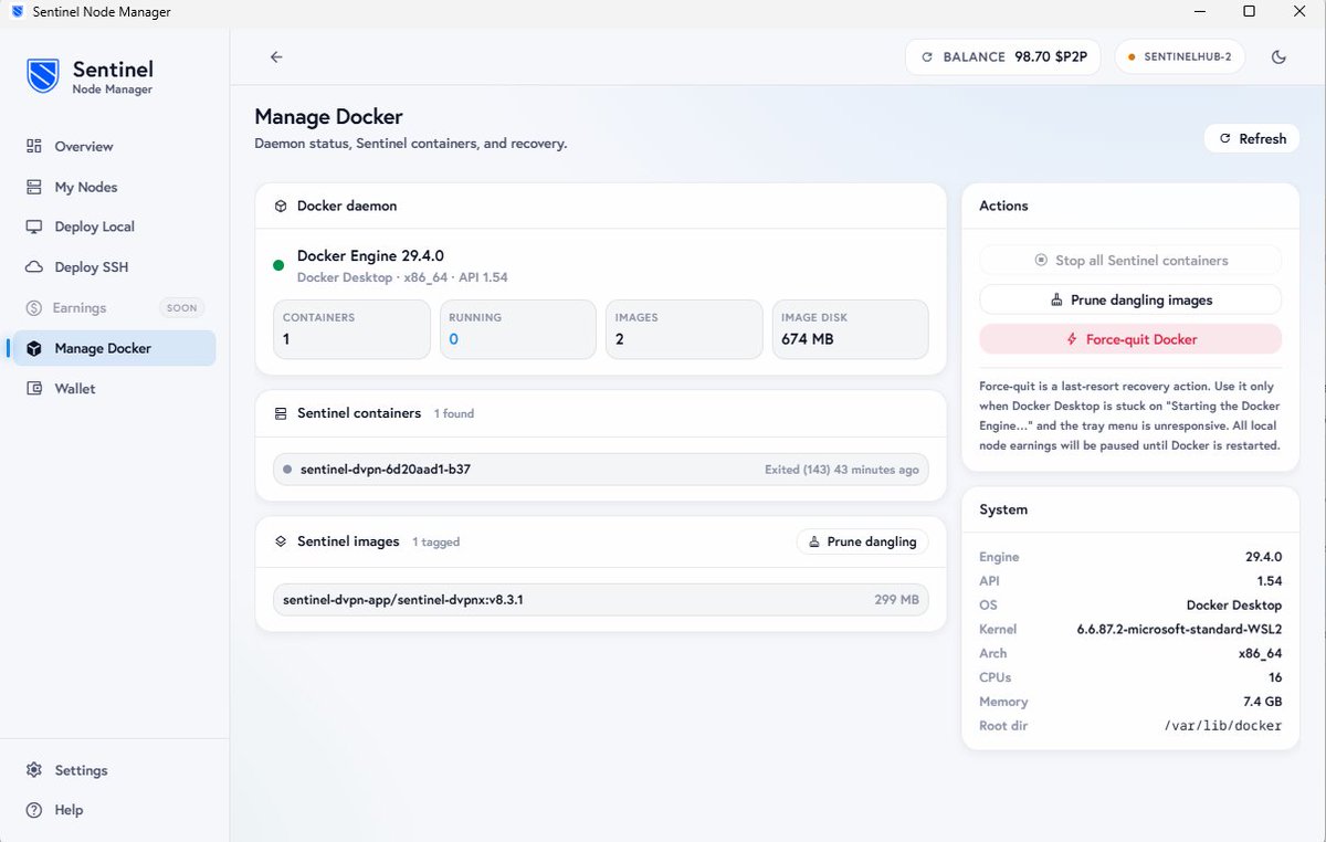 SentinelP2P's tweet photo. The #1 focus in the Sentinel ecosystem right now is the development of critical utilities to make dVPN node hosting and application creation and management extremely easy. 

The new dVPN node management app lets users monitor and control their docker processes right from the app https://t.co/FF0RWNFH8y