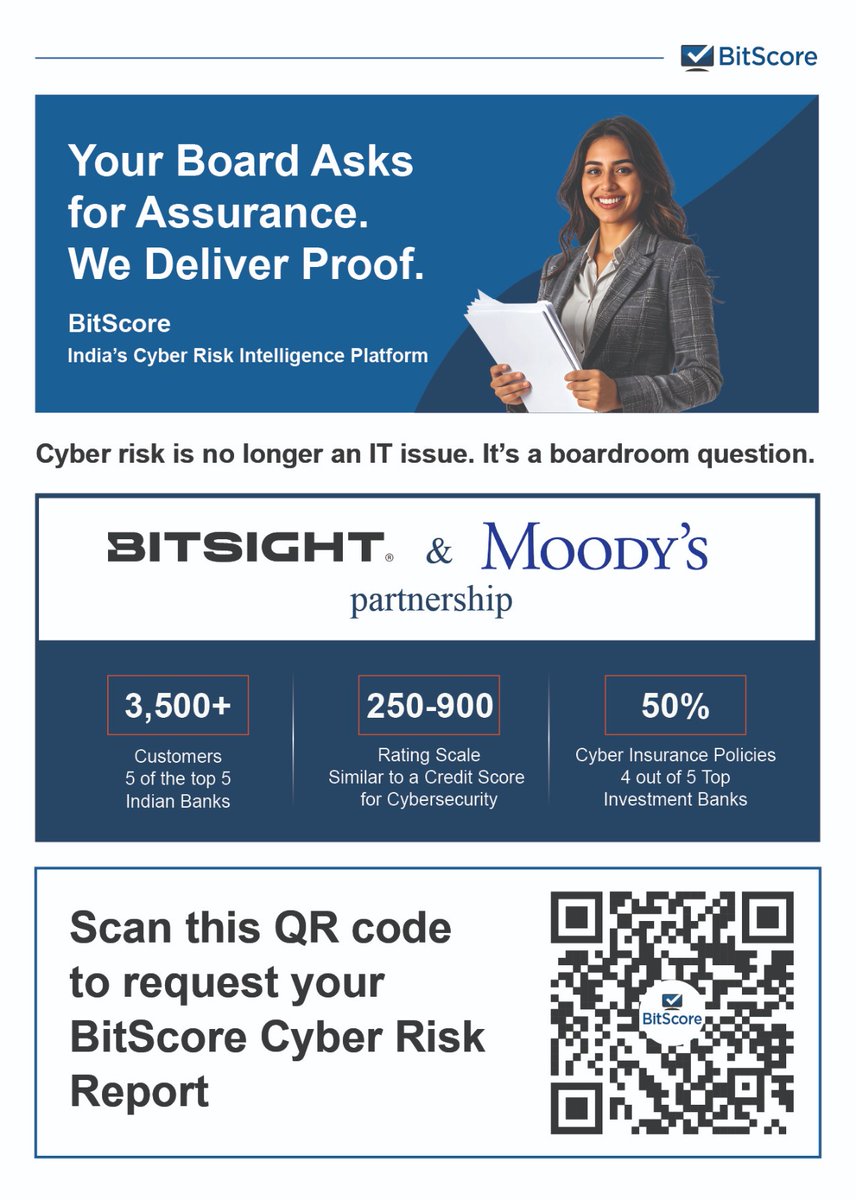 BitscoreIN's tweet photo. 🇮🇳 A message every Indian Board Member should read today.

At SEBI's 38th Foundation Day, Hon'ble FM Nirmala Sitharaman didn't mince words:

"A single successful cyberattack on a major exchange, depository, clearing corporation, or large broker could disrupt markets at national scale, erase wealth, and shape public confidence in ways that take years to reveal."

She also said the quiet part out loud — regulation must move from reactive to anticipatory, and AI is now actively being used by attackers to find vulnerabilities at machine speed.

Cyber is no longer an IT line item in the CTO/CISO update. It sits where credit risk, audit, and fiduciary duty already sit — on the Board agenda.

Two questions worth asking at the next Board meeting:

1️⃣ Do we have a cyber rating — or just a cyber report?
A report tells you what was done. A rating tells you where you stand versus peers.

2️⃣ Would our cyber posture survive the FM's test — disruption, wealth erosion, loss of public confidence? If the answer needs a slide deck to explain, the answer is no.

Cyber risk now needs the discipline credit risk already has — measurable, benchmarked, trended quarterly.

How is cyber risk showing up on your Board agenda in FY26-27? 👇 

#cybersecurityratings #cybersecurity #cyberrisk #BoardGovernance #IndependentDirectors  #FiduciaryDuty