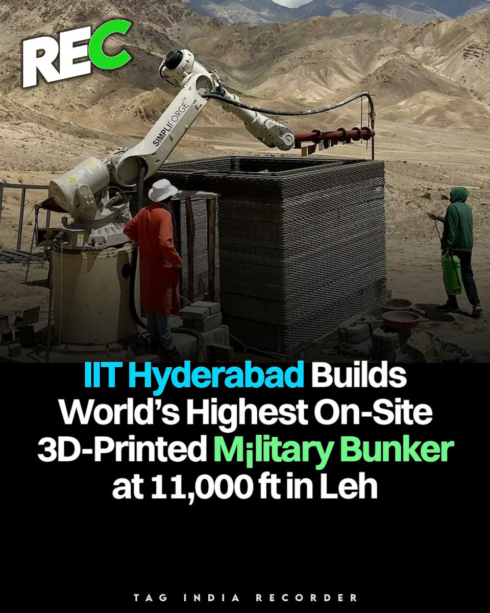Tagindia12's tweet image. IIT Hyderabad built a 3D-printed m¡litary bunker at 11,000 ft in Leh, marking a major tech milestone.

.

.

#IITHyderabad #3DPrinting #DefenceTech #Leh #Innovation