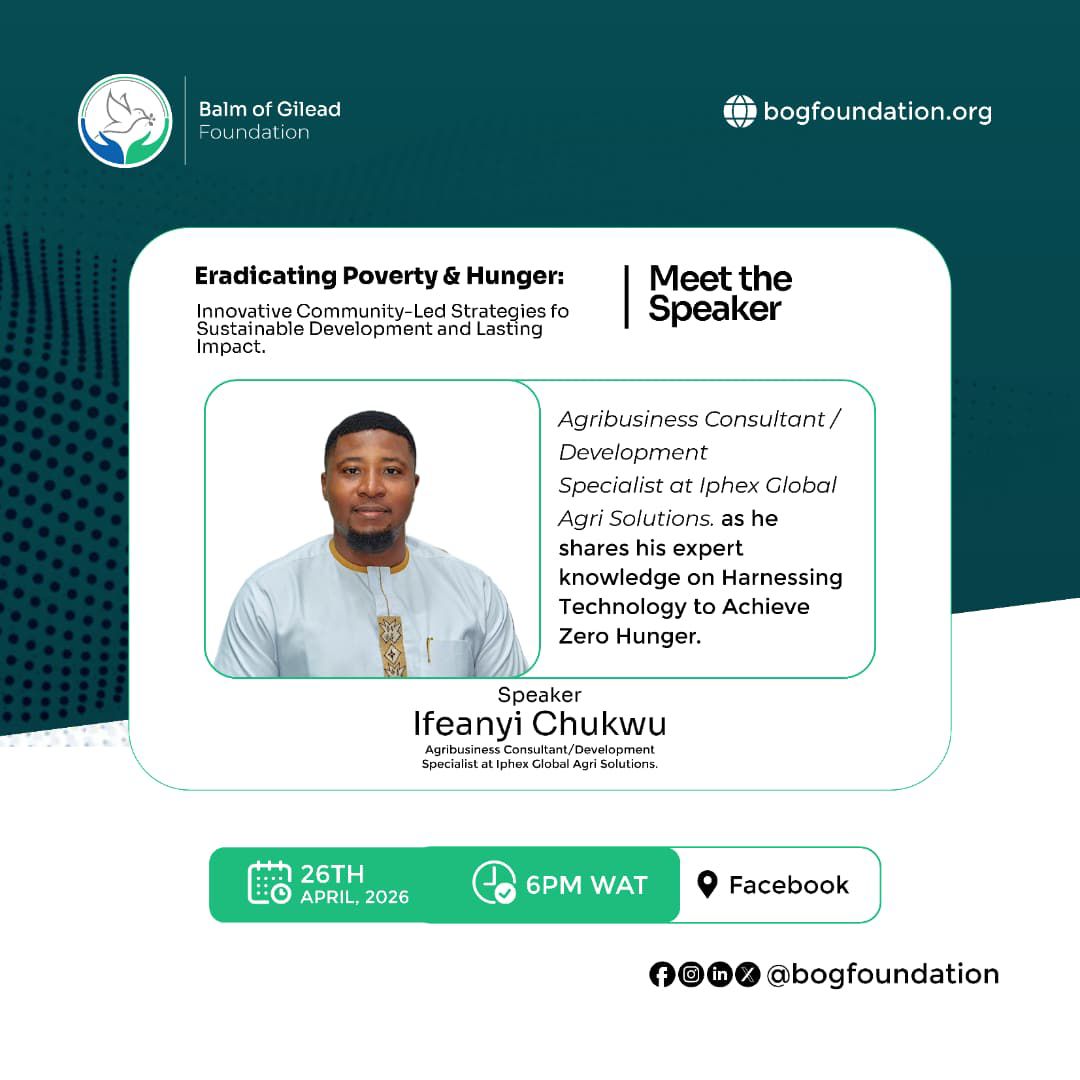 bogfoundation's tweet photo. Gain insights TODAY from Agribusiness Expert Ifeanyi Chukwu as he shares how technology can drive Zero Hunger.🌱 Don't miss it!

Mark your calendars,
🗓 April 26 | ⏰ 6PM WAT | 📍Facebook Live

#ZeroHunger
#SustainableDevelopment
#BoGFoundation https://t.co/qfqLNvfNyK