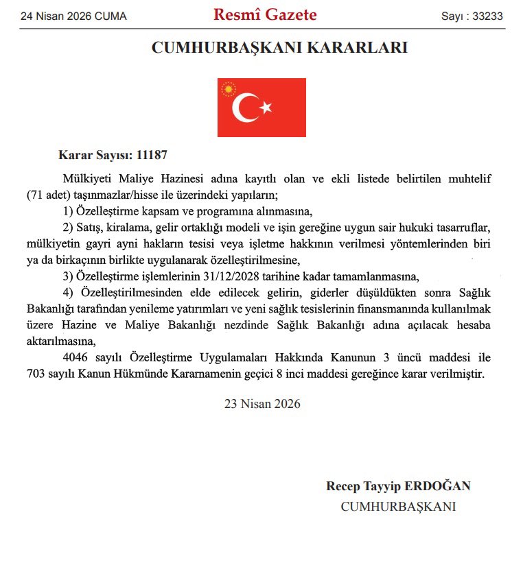 Yerüstü varlıkları, yeraltı kaynakları satılıyor özelleştiriliyor kiralanıyor devredililiyor.

Cumhurbaşkanı kararıyla, ülke genelinde kamusal sağlık hizmetlerine tahsisli 71 taşınmazın özelleştirme kapsamına alındı. 

Ama buna rağmen ekonomi daha da bozuluyor daha da bozuluyor