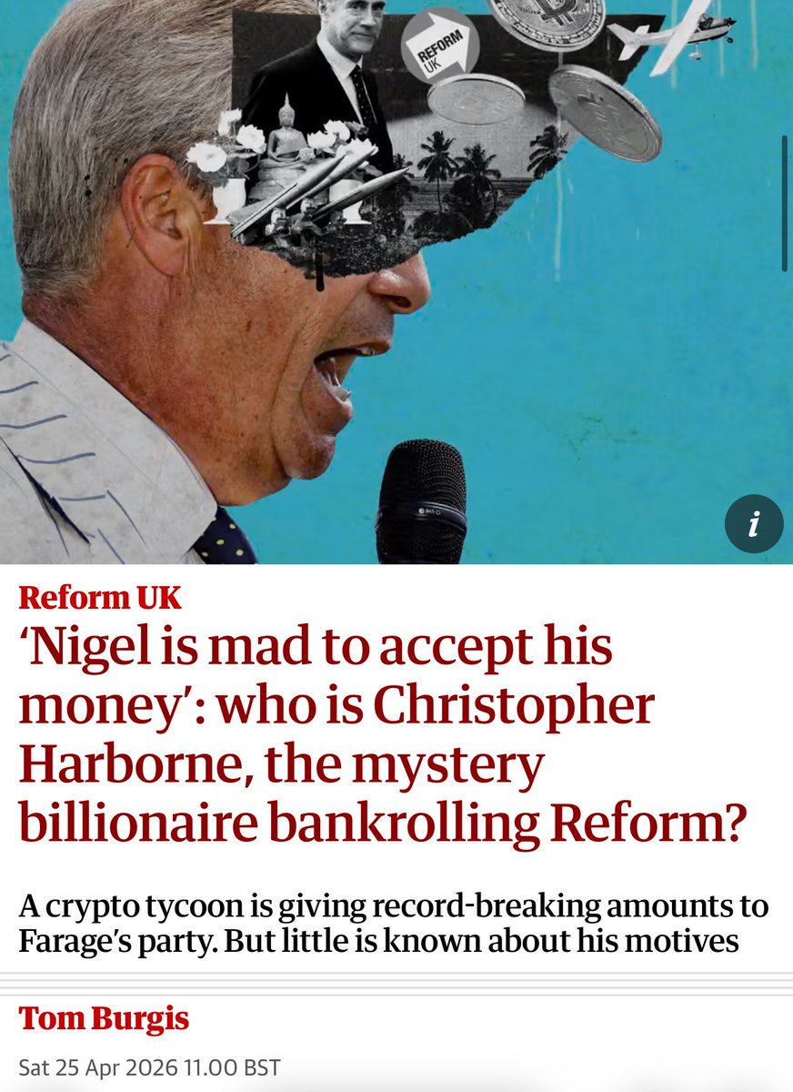 LizWebsterSBF's tweet image. 🚨 DEEP-DIVE into Reform UK’s biggest donor: Thailand-based crypto billionaire Christopher Harborne who has funnelled £22m+ to Farage since 2019, including a record £9m single gift. 

Two-thirds of the party’s funding from one man living abroad, heavy in Tether/Bitfinex circles.