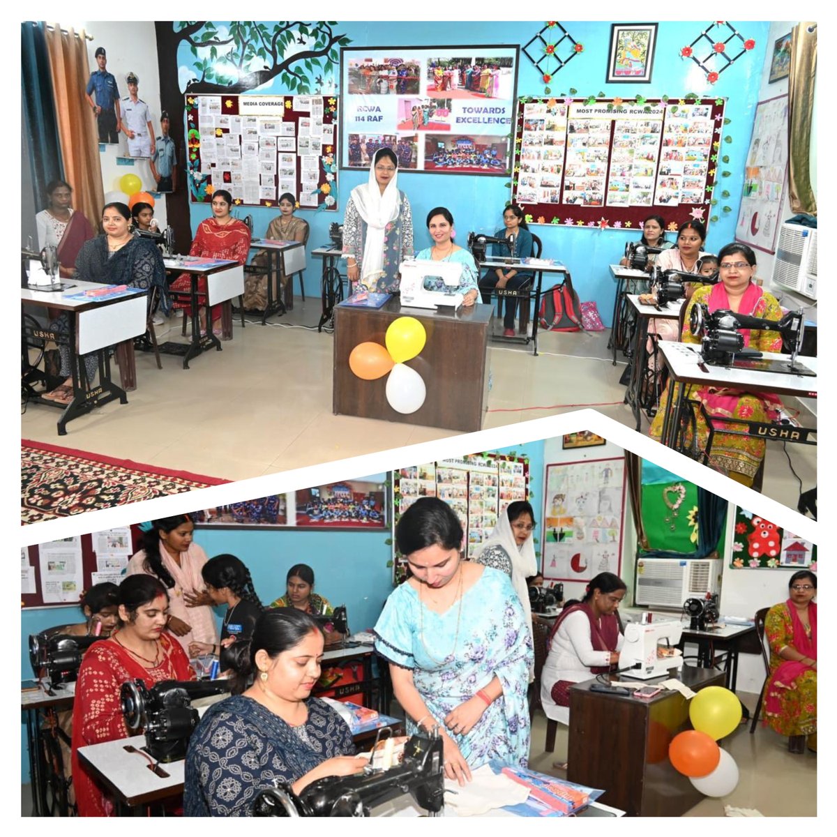 R114raf's tweet photo. Under the guidance of Head, RCWA-114 RAF, Smt. Ritu Jha, a 15-day sewing machine training workshop for personnel's families was launched today with support from Usha Sewing Machine Company, promoting skill development and women empowerment. https://t.co/B7b37LR2BY