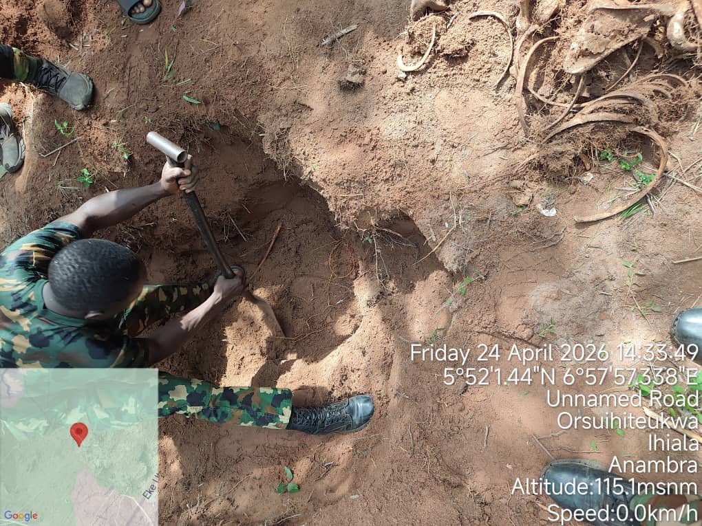 TROOPS DISMANTLE IPOB/ESN STRONGHOLD, RECOVER SUSPECTED REMAINS OF SLAIN PERSONNEL IN IMO STATE

The Nigerian Army has recorded another significant operational success in its sustained efforts to rid the South East of criminal elements, as troops of 82 Division, in conjunction
