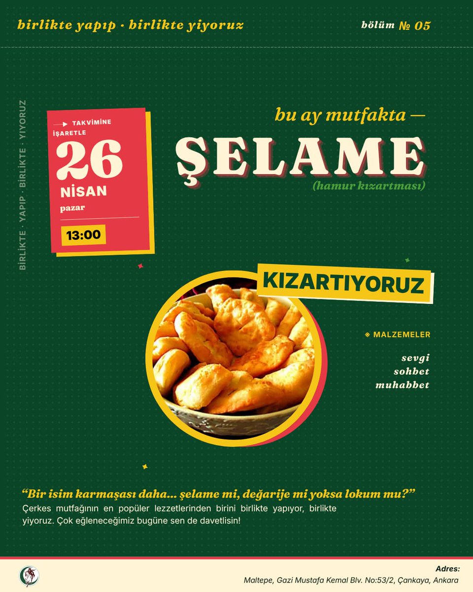 ✨ Birlikte Yapıp Birlikte Yiyoruz etkinliğimizin 5’incisinde mutfağımızda: Şelame.

Şelame eşliğinde muhabbete ve “Şelame mi, Lokum mu?” tartışmasına katılmak için seni de aramıza bekliyoruz. 🙋🏻