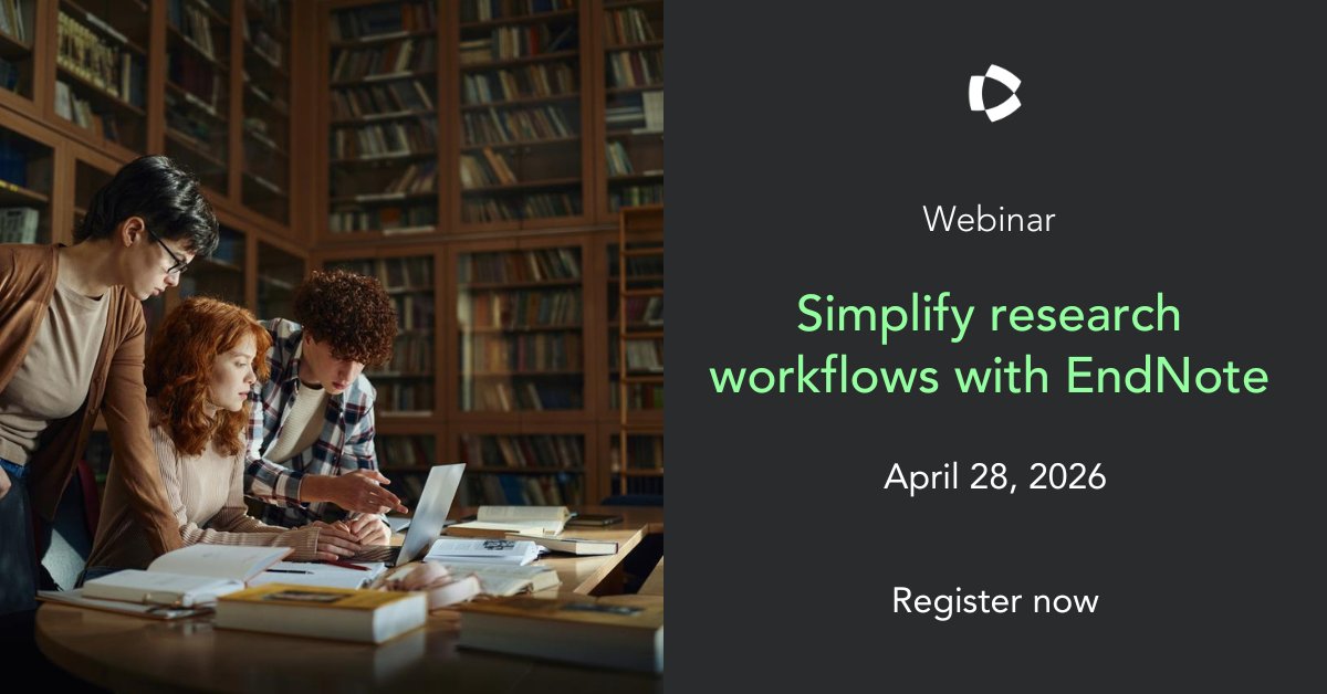 ClarivateAG's tweet photo. Are you involved in supporting, managing or improving research workflows? Join our webinar to see how #EndNote helps streamline writing, collaboration and citation consistency across environments. 

Register today: https://t.co/c5GOFZc68t https://t.co/iD8ejSTBZe