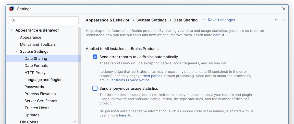 Yuriy_Artamonov's tweet photo. Want fewer freezes and bugs in your IntelliJ IDEA? Help us — enable automatic error reporting:

Appearance &amp; Behavior → System Settings → Data Sharing → Send error reports automatically

Every report helps prioritize fixes. Takes 10 seconds, makes a real difference! #ide #java https://t.co/LSdccpLVSr