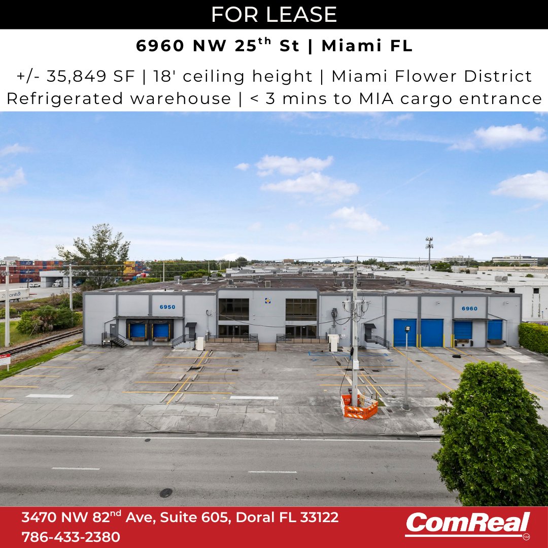 EdisonCRE's tweet image. Prime Warehouse Space Available For Lease in the Miami Flower District!

Located at 6960 NW 25th St, #MiamiFL, this facility is perfect for businesses dealing in flowers and perishables. 

Property Features:
• Space Options: From +/- 10,000 up to 46,008 SF
• Ceiling Height: 18'