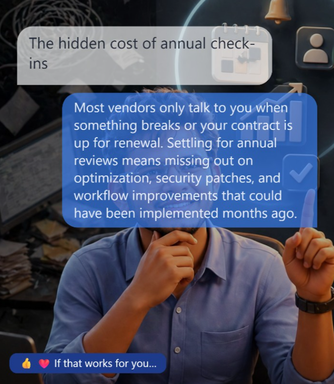 HasoTechnology's tweet photo. 𝗪𝗵𝗲𝗻 𝗱𝗶𝗱 𝘆𝗼𝘂𝗿 𝘀𝗼𝗳𝘁𝘄𝗮𝗿𝗲 𝘃𝗲𝗻𝗱𝗼𝗿 𝗹𝗮𝘀𝘁 𝗰𝗵𝗲𝗰𝗸 𝗶𝗻 𝗼𝗻 𝘆𝗼𝘂?

  • Not to sell.
  • Not to renew.
  • Just to make sure everything is actually working.

Most accounting firms we speak to can’t remember.

#PractiseEasy #UK #AccoutingFirms #CRM https://t.co/cRLyt3WrcC