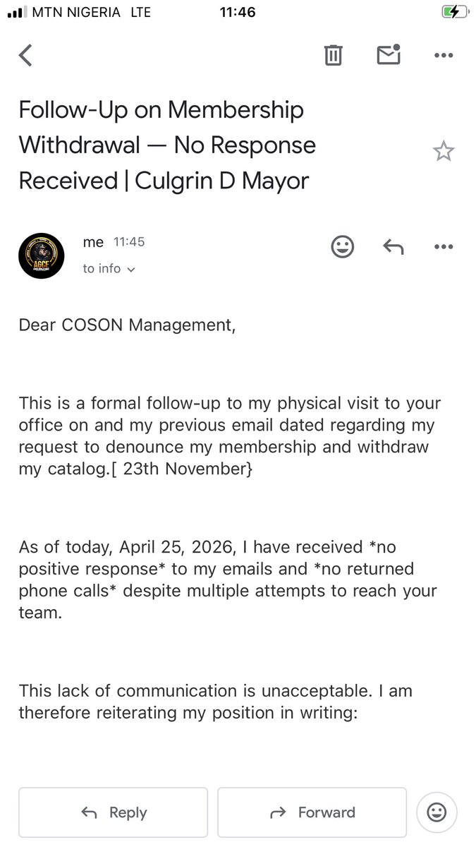 Culgrin's tweet photo. Direct &amp; Professional*
@COSONNG I visited your office, called, emailed — no response. 

Formal denouncement letter sent today. I demand written confirmation of my catalog withdrawal within *14 working days* as required by law.
@GlblCtzn @GlblCtznAfrica @GlblCtznUK @PoliceNG https://t.co/zza4cpRRkm
