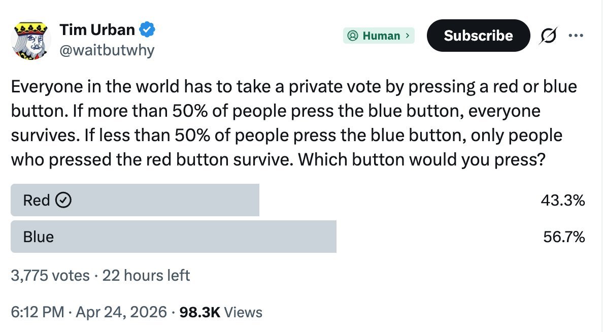 People look at this wrong. It's not about what's smart or what's the most logical answer. It's about knowing hundreds of millions of people (at least) WILL pick blue if we were to start the game right now no matter what the "correct" choice is.

Therefore you should pick blue🟦