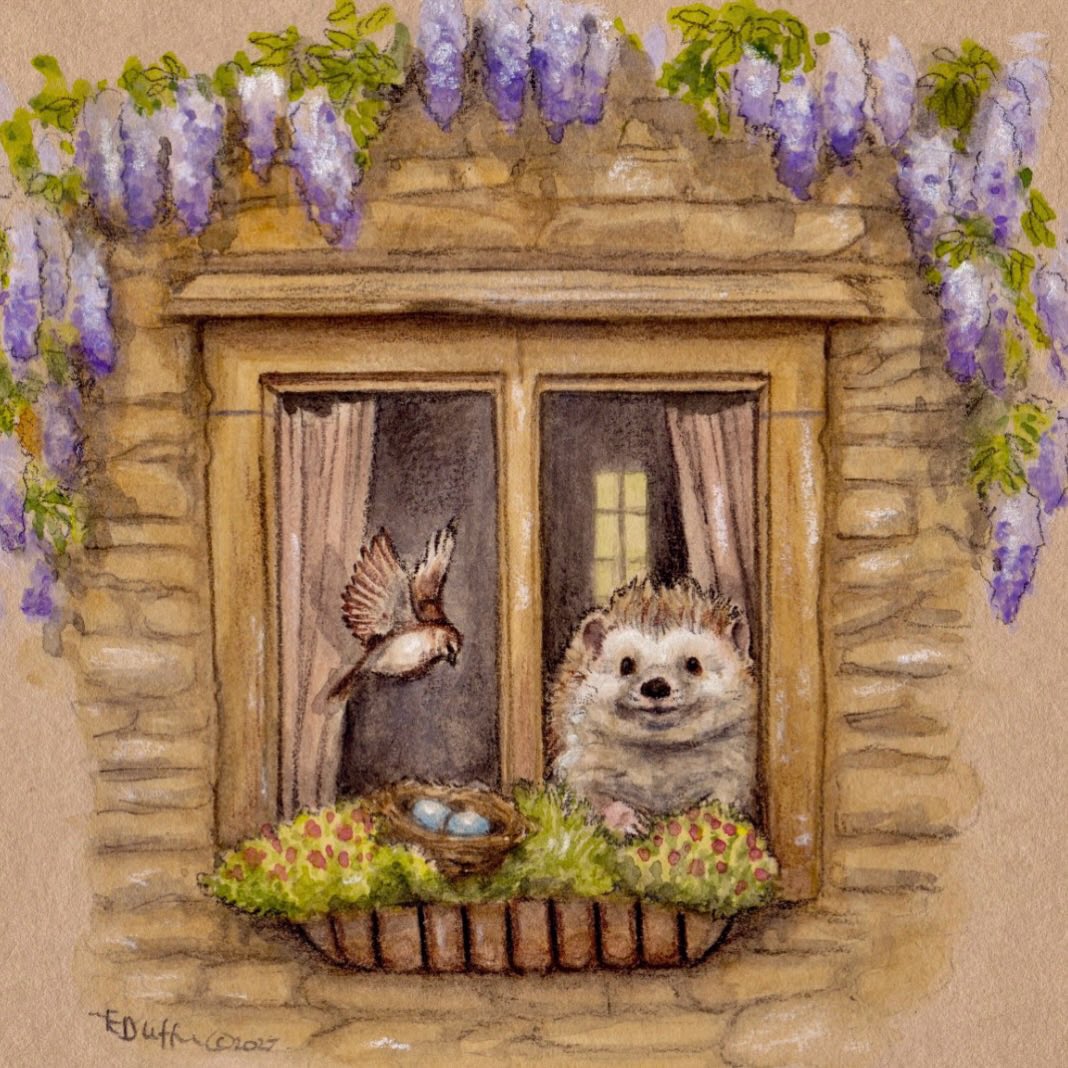 frome_maude's tweet image. Hedgehog with wisteria for a lovely spring weekend! 
#Art by Emily Duffin 
#weekend #FolkloreSunday
