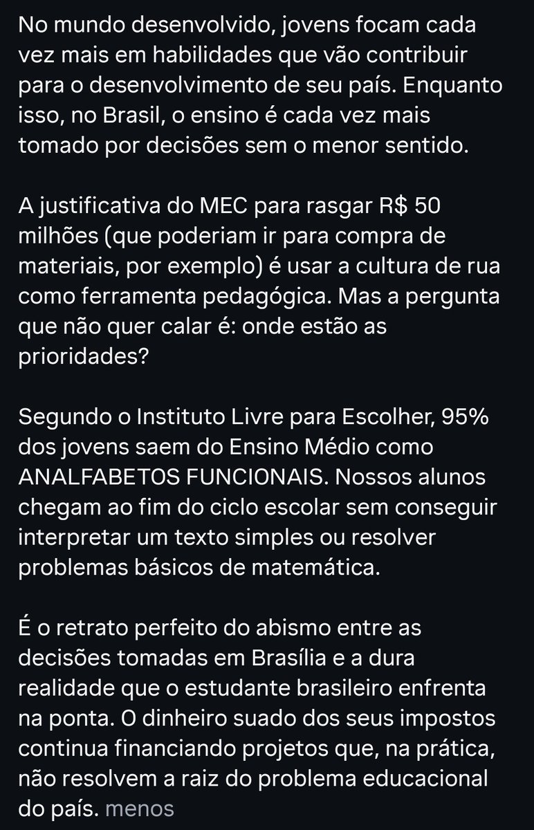 Laercio1971's tweet image. É o retrato do abismo entre Brasília e a realidade das salas de aula. O Brasil não precisa de escola de hip-hop paga com dinheiro público; precisa de alunos que saibam ler, escrever e pensar. Basta de desperdício! 🇧🇷📉 #Brasil #Educação #AnoEleitoral #Desperdício #MEC