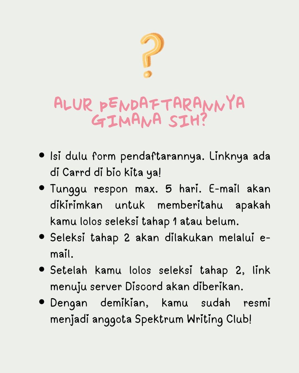 ✨PENDAFTARAN SPEKTRUM WRITING CLUB AKAN DIBUKA!✨

Buat temen-temen penulis queer yang ingin berjejaring dan ingin level-up skill menulis, kami mengundang teman-teman semua buat bergabung dengan Spektrum Writing Club!

Pendaftarannya dibuka besok Minggu, jam 07.00 WIB!