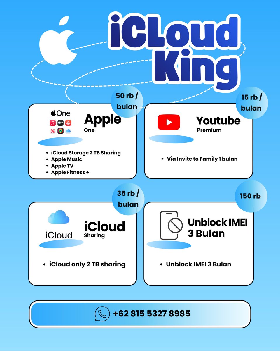 Iskhafelvcrp's tweet image. Icloud 2TB Sharing + Apple Music + Apple TV + Arcade Games 
💸: 50k/bulan

iCloud Only 2TB Sharing
💸: 35k/bulan

YT Premium 
💸: 15k/bulan 

Proses dulu baru bayar biar sama sama merasa aman 😎

📲: wa.me/6281553278985

#apple #icloud #iphone #zonauang #zonaBU #zonajajan