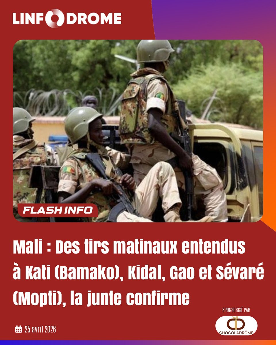 Linfodrome's tweet image. La matinée du samedi 25 avril 2026 aura été ponctuée d'un bruit que les Maliens connaissent trop bien : celui de la détonations des armes à feu.

Aux premières heures du jour, des tirs ont été signalés dans plusieurs localités disséminées sur le territoire.

#Linfodrome