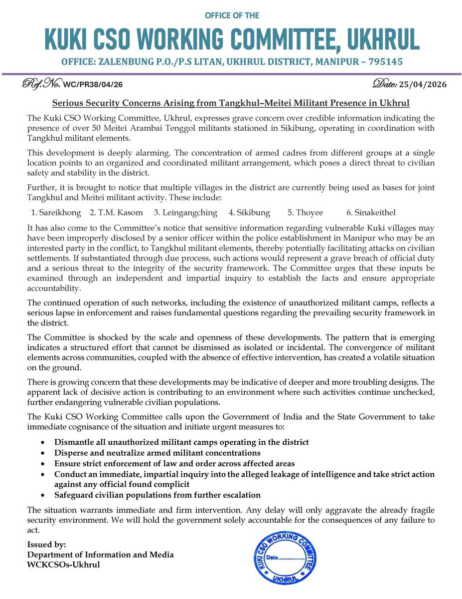 Alarming report from Kuki CSO WC, Ukhrul, stating that over 50 members of the Meitei Arambai Tenggol are currently stationed in Sikibung. Due to elections, many central forces have been withdrawn from Manipur; hence, the Arambais and Tangkhuls are reportedly planning to launch