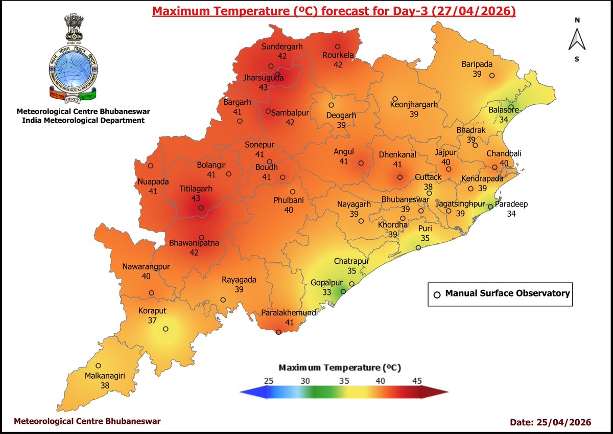 mcbbsr's tweet image. Maximum Temperature Forecast for next 5 days
#Odisha #hot #temperature