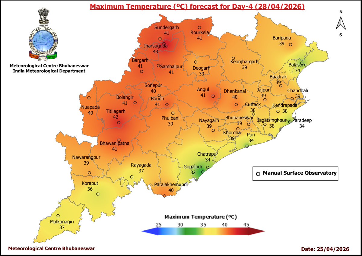 mcbbsr's tweet image. Maximum Temperature Forecast for next 5 days
#Odisha #hot #temperature