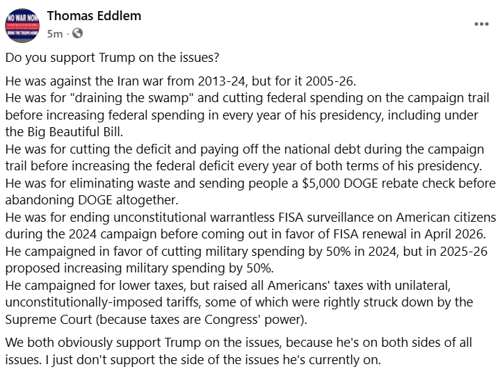 teddlem's tweet photo. Trump is on both sides of every issue, or at least he has been in the past three years. https://t.co/1An7mkGhak
