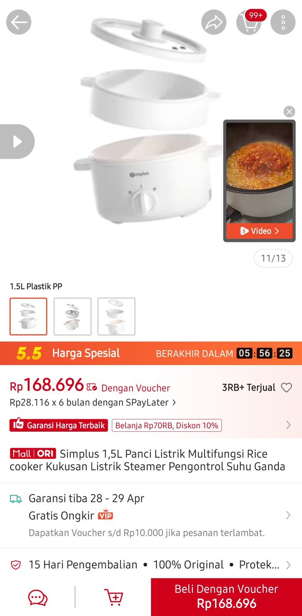 Pas aku beli 170k-an
Sekarang turun 😭😭

Honest review, ini panci listrik kedua aku. Aku rasain perbedaan yang cukup signifikan dari panci sebelumnya yang beda merk. Pake ini matengnya lebih cepet. Goreng tempe aja pake ini merata
s.shopee.co.id/AKWvJSJp0p