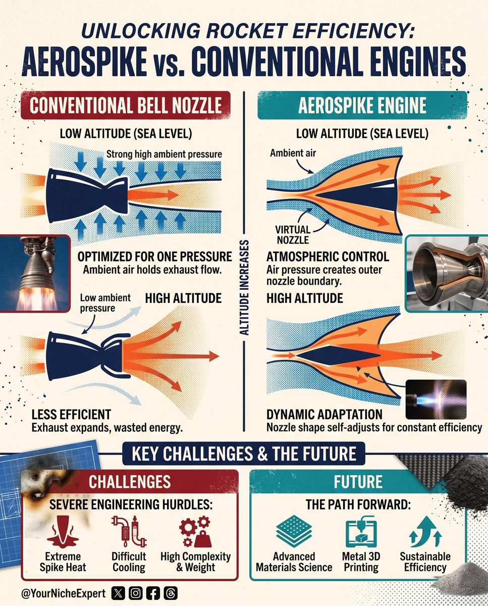 YourNicheExpert's tweet image. Unlike standard rockets, aerospike engines use the surrounding pressurized atmosphere as an invisible "virtual nozzle," dynamically adapting from sea level to the vacuum of space to boost fuel efficiency by up to 15%! 🚀
#Aerospike #RocketScience #AerospaceEngineering #SpaceTech