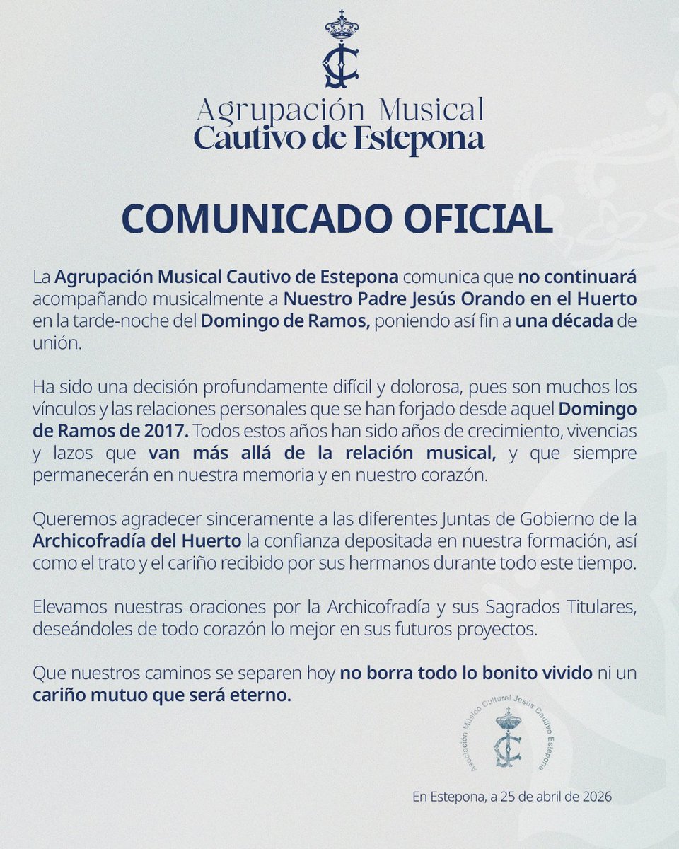 amcautivo's tweet photo. COMUNICADO OFICIAL | @Archic_Huerto 

Comunicamos la 𝐧𝐨 𝐜𝐨𝐧𝐭𝐢𝐧𝐮𝐢𝐝𝐚𝐝 del acompañamiento musical a Nuestro Padre Jesús Orando en el Huerto. Agradecemos a la Archicofradía y sus hermanos el cariño que nos han regalado cada Domingo de Ramos.

#CofradíasMLG https://t.co/xCZFA96AaX