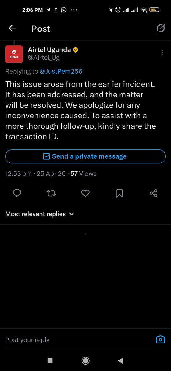 JustPem256's tweet photo. The Private message has refused @Airtel_Ug  once I click the page redirects back to the post https://t.co/K9odz09QaZ
