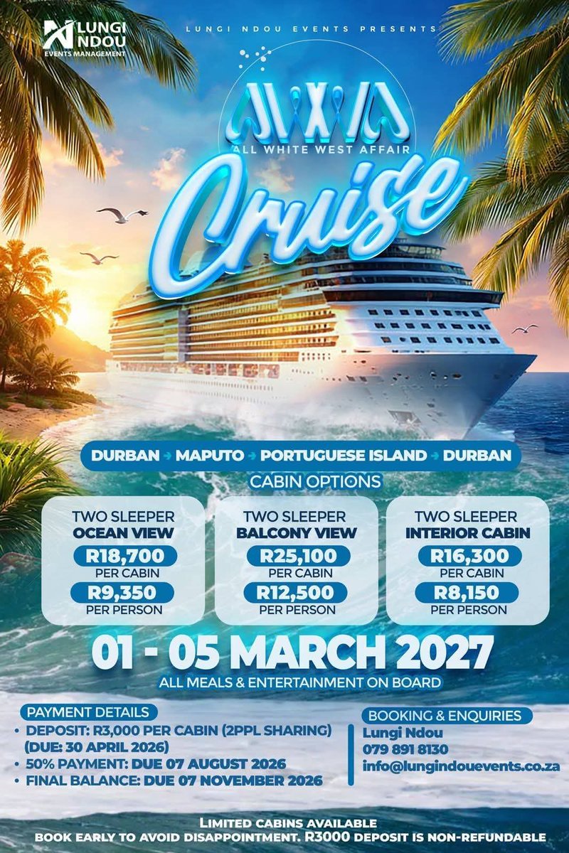 LungiNdouEvents's tweet image. 🚢 AWWA: Cruise Edition

Deposits due by 30 April 2026 to secure your spot 🌊
Limited spaces. Serious vibes.

Don’t watch from the sidelines 👀

📩 info@lungindoevents.co.za | 📱 079 891 8130

#AWWACruiseEdition #BookNow #lungindoueventsmanagement