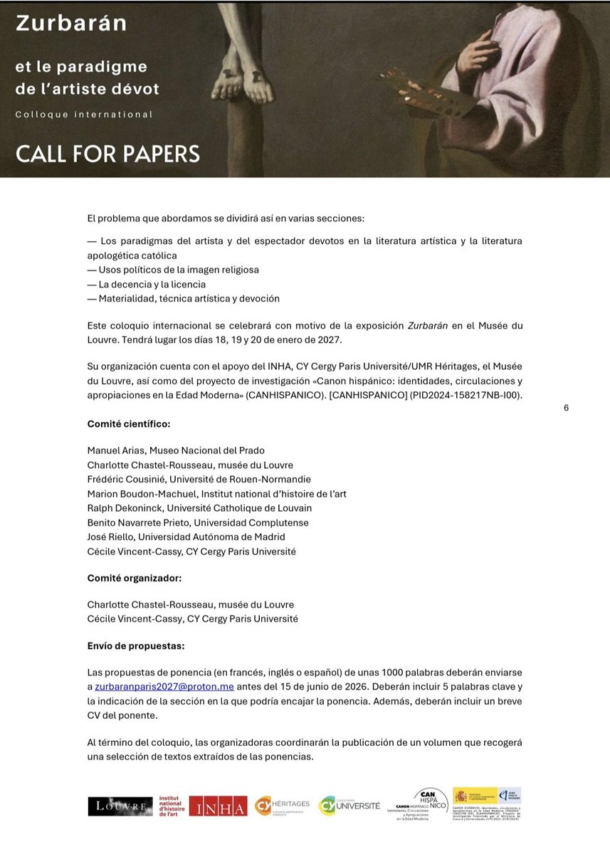 CIRIMA4's tweet image. #CFP para nuestro congreso "Zurbarán y el paradigma del artista devoto" del 18 al 20 de enero del 2027 en París en el @MuseeLouvre y el #INHA en el marco del proyecto #CANHISPANICO, propuestas antes del 15 de junio en zurbaranparis2027@proton.me