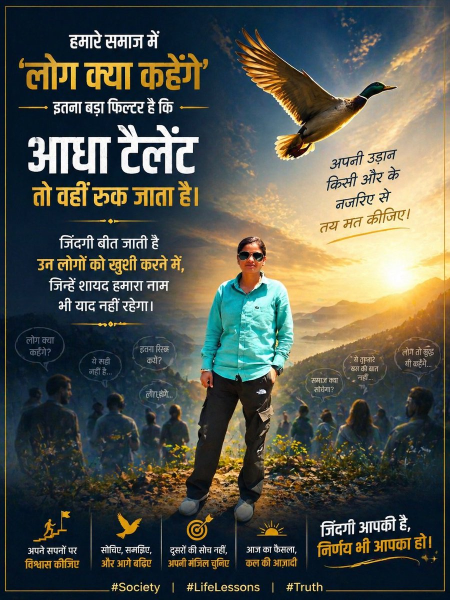 NeeruDevi1772's tweet image. हमारे समाज में 'लोग क्या कहेंगे' इतना बड़ा फिल्टर है कि आधा टैलेंट तो वहीं रुक जाता है। ज़िंदगी बीत जाती है उन लोगों को खुश करने में, जिन्हें शायद हमारा नाम भी याद नहीं रहेगा। अपनी उड़ान किसी और के नजरिए से तय मत कीजिए। ✨💯 

#Society #LifeLessons #Truth