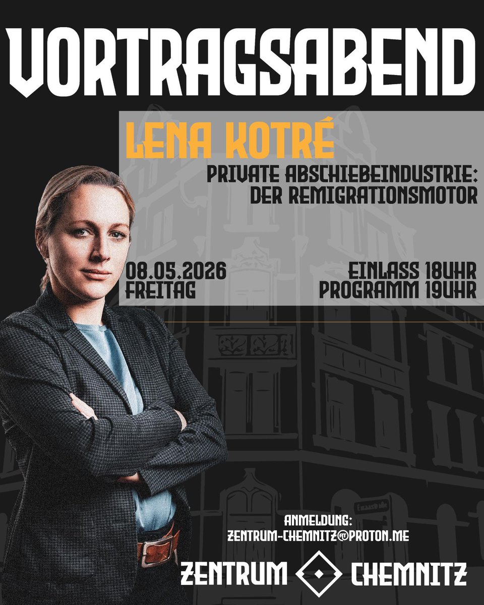 ZentrumChemnitz's tweet photo. Lena Kotré im Zentrum Chemnitz!

🗓 Am Freitag, den 08.05.2026, beehrt uns Lena Kotré von der AfD im Zentrum Chemnitz!

1/3 https://t.co/OH3Yig1gzD