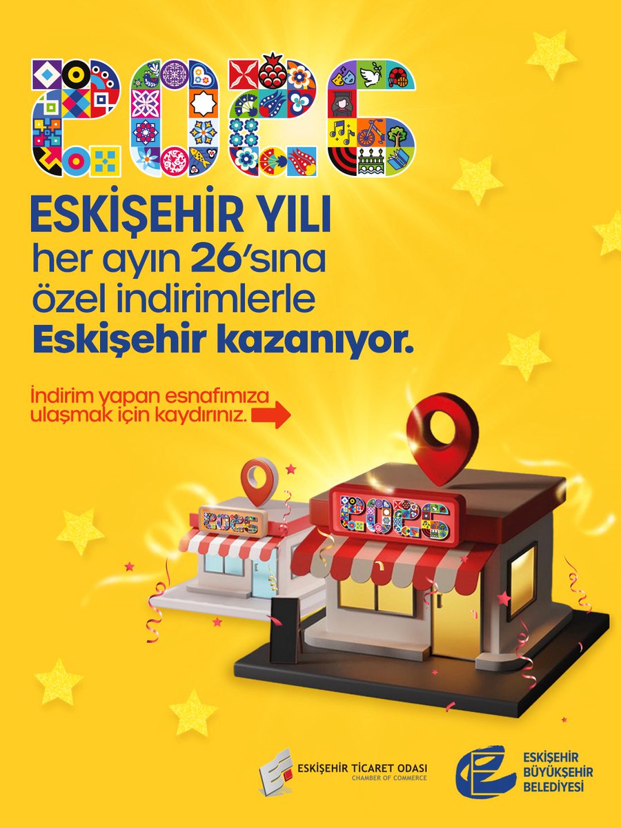 eskisehirbb's tweet photo. Yarın 26’sı, Eskişehir’de indirim günü! 🛍️💛

2026 Eskişehir Yılı kapsamında her ayın 26’sında uygulanan indirimlerle çarşılar canlanıyor, alışveriş keyfi büyüyor.

Katılımcı esnafların listesine bağlantı üzerinden ulaşabilirsiniz.
🔗 https://t.co/4kD1rtZEO7 https://t.co/W3FGgvm3hn