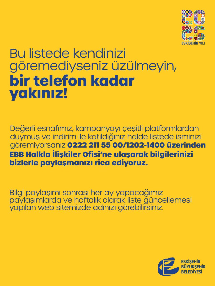 eskisehirbb's tweet photo. Yarın 26’sı, Eskişehir’de indirim günü! 🛍️💛

2026 Eskişehir Yılı kapsamında her ayın 26’sında uygulanan indirimlerle çarşılar canlanıyor, alışveriş keyfi büyüyor.

Katılımcı esnafların listesine bağlantı üzerinden ulaşabilirsiniz.
🔗 https://t.co/4kD1rtZEO7 https://t.co/W3FGgvm3hn