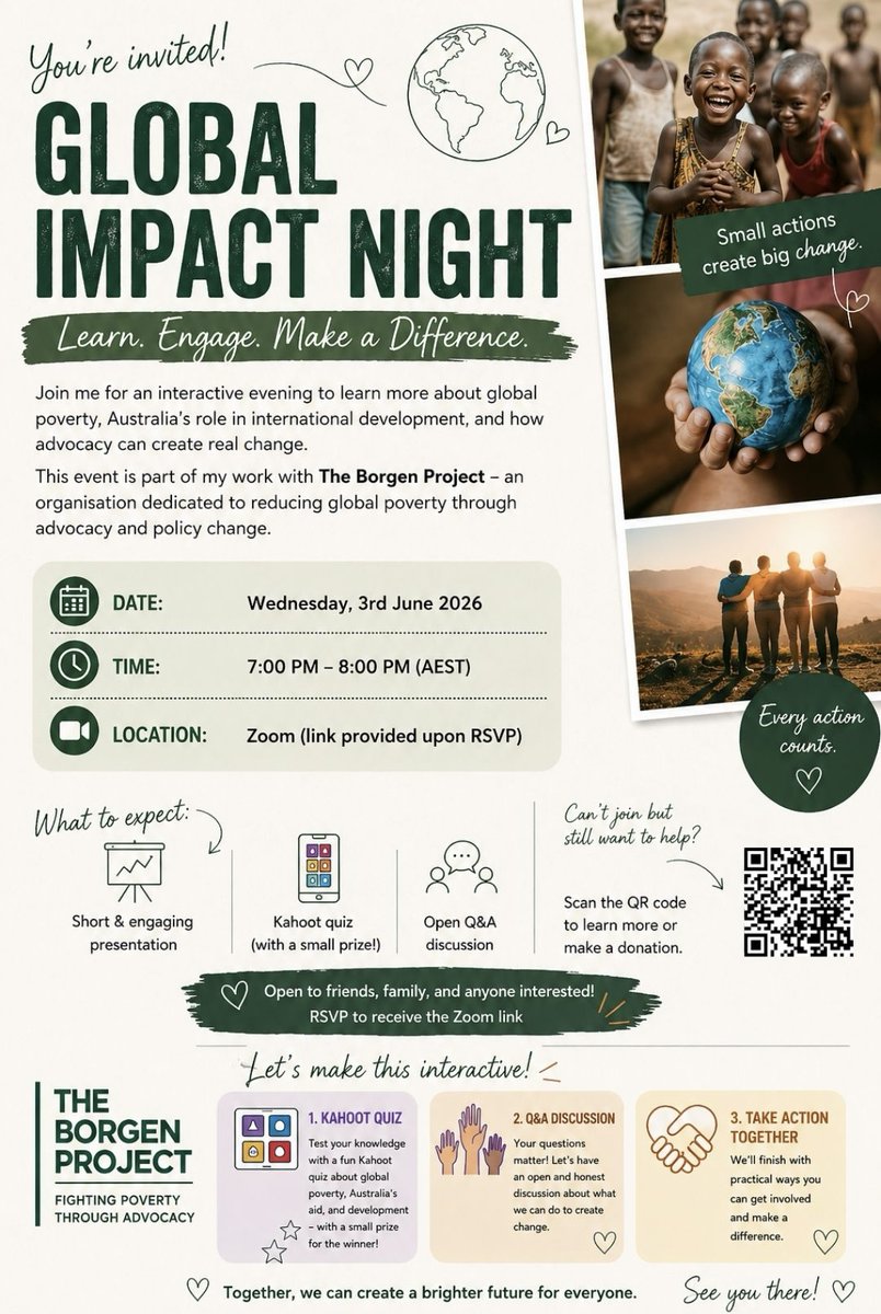 AngelaVeccc's tweet image. The world doesn’t change by staying silent. 🌍

Join my online info session and learn how to take action against global poverty + be part of something meaningful.

🗓️ Early June | 💻 Zoom | Free
#TakeAction #EndPoverty #BeTheChange