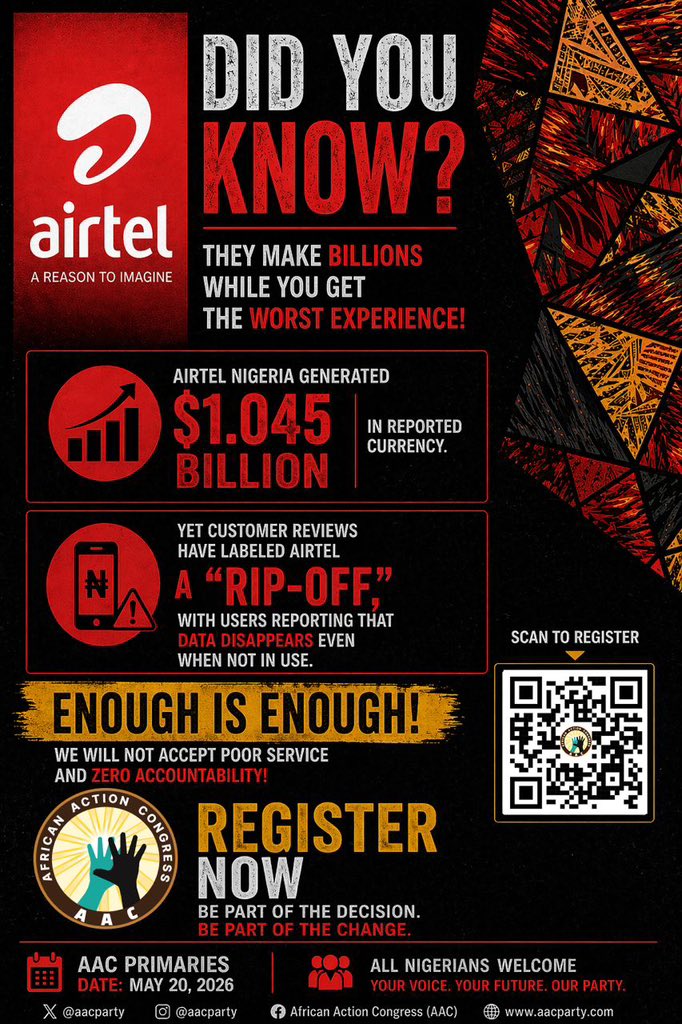 SoworeNow2027's tweet photo. All Telecos companies in Nigeria are exploiter
Full bars.
Zero internet.
Explain this.
@Comm_NCC
#TakeItBack
#AACOurParty
#StopTheExploitation
#AACPrimaries
#RegisterNow https://t.co/nebQFBacM1