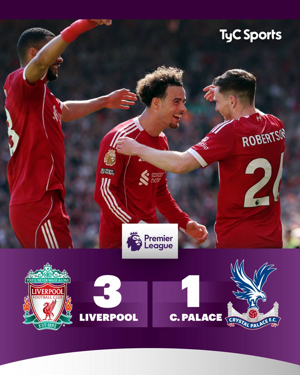 TyCSports's tweet image. ¡TRIUNFO DEL LIVERPOOL!

Por la fecha 34 de la #PremierLeague, los dirigidos por Arne Slot vencieron 3-1 al #CrystalPalace con goles de Alexander Isak, Andrew Robertson y Florian Wirtz. Para la visita descontó el colombiano Daniel Muñoz. Alexis Mac Allister disputó todo el