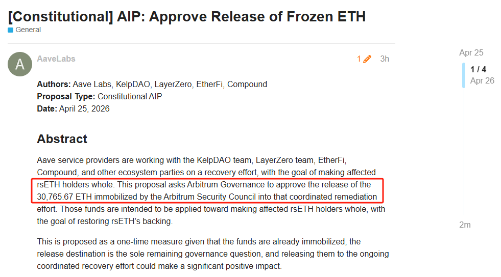 WuBlockchain's tweet photo. Aave and Partner Protocols Propose Arbitrum DAO to Release Frozen ETH

Aave, in collaboration with etherfi, Kelp DAO, LayerZero, Compound, and others, has submitted a governance proposal to the Arbitrum DAO requesting the release of ETH frozen by the Arbitrum Security Council following the April 18 rsETH incident. If approved, the funds will be directed to "DeFi United," a coordinated cross-protocol recovery initiative aimed at restoring rsETH backing and remediating losses for affected users. The proposal is currently open for review and feedback from the Arbitrum community.  https://t.co/bsvAQBeVmX