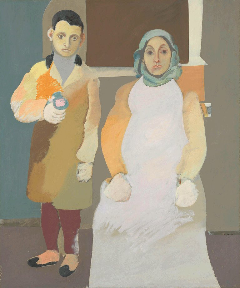 “The Artist and His Mother” by Arshile Gorky, 1926-1932

The pattern of flowers in his mother’s apron have been overpainted by the artist.
His gift of flowers to her remains in his mittened grasp.