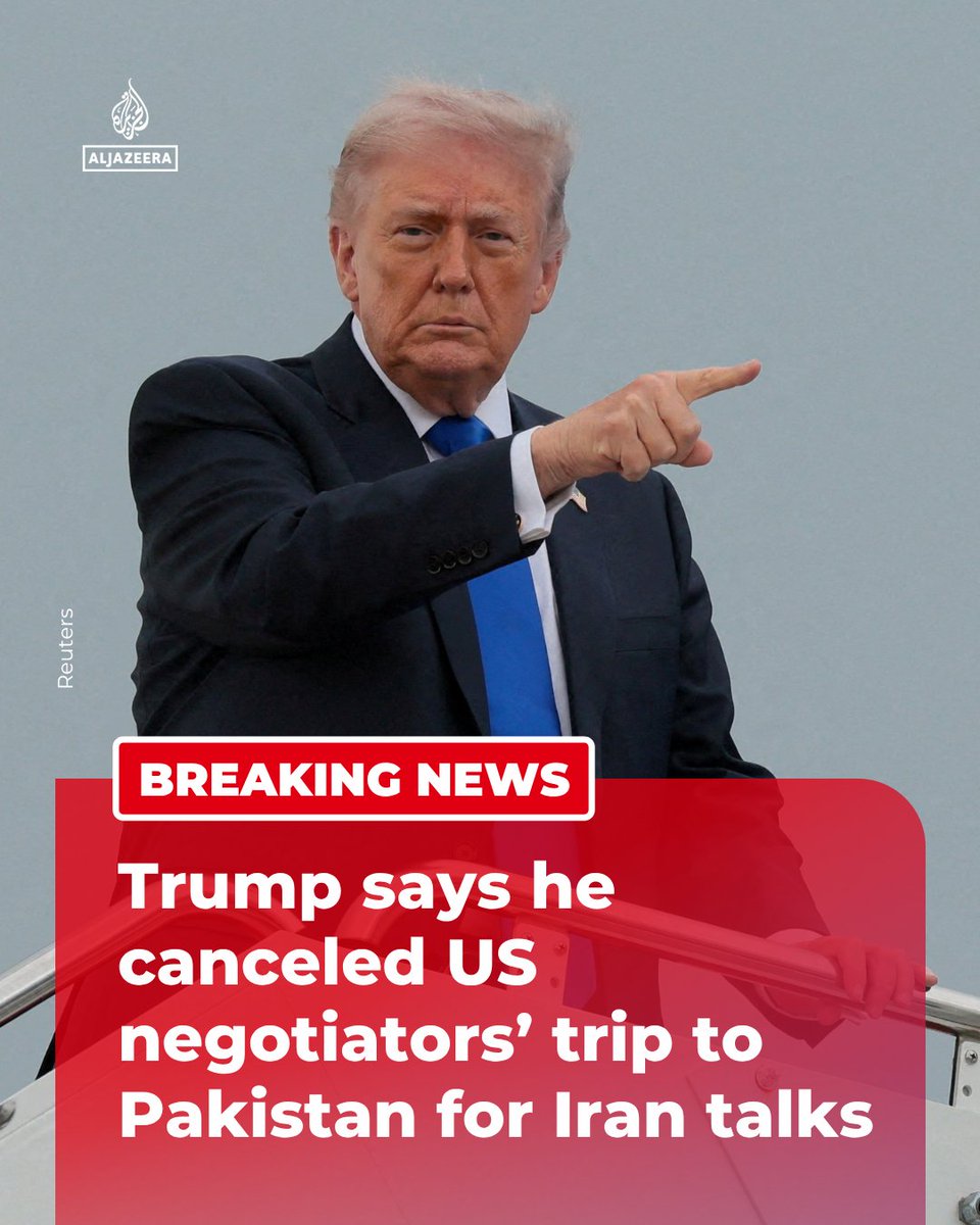 AJEnglish's tweet image. BREAKING: ⁠US President Donald Trump ⁠has canceled a ⁠planned trip to Pakistan by ‌envoys Jared Kushner and Steve Witkoff for peace ⁠talks with Iran, US ⁠media reports say.

🔴 LIVE updates: aje.news/bwg7nk