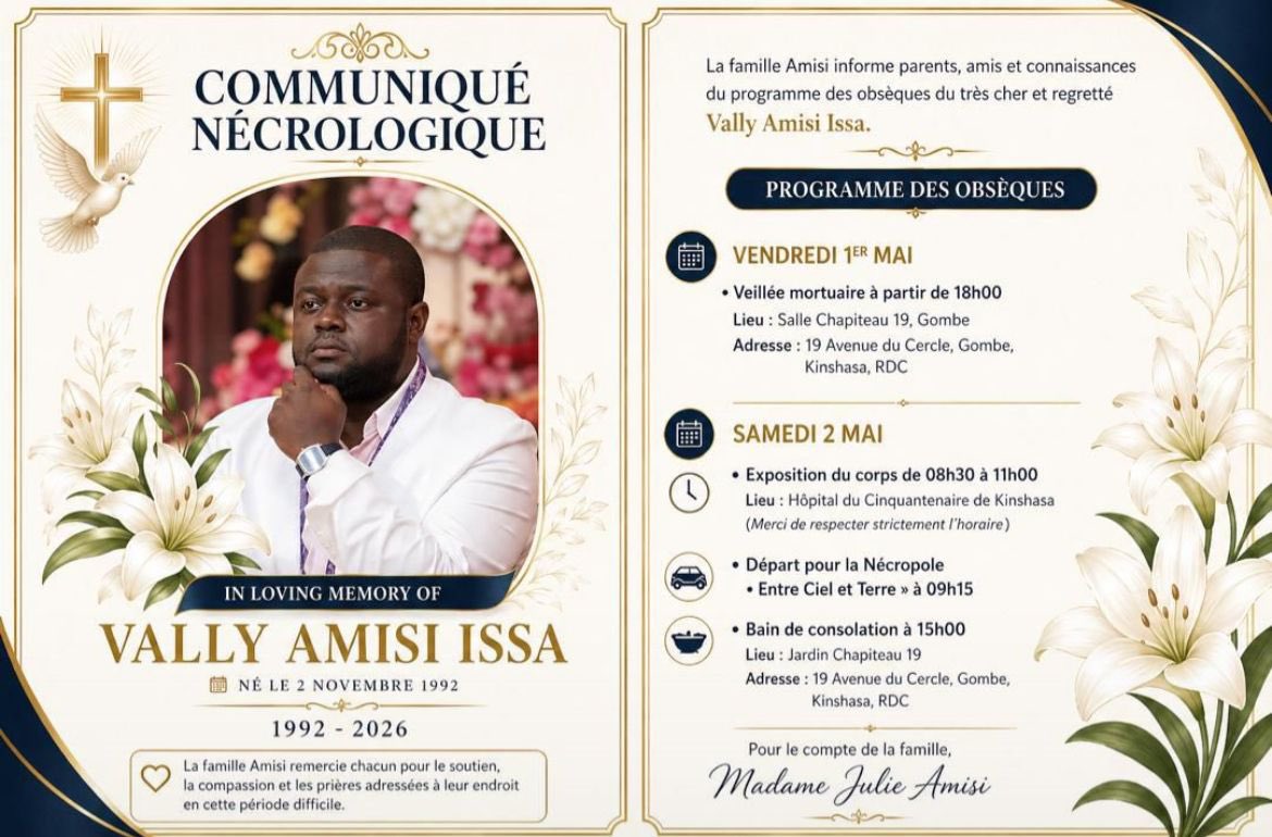 zolanews_net's tweet photo. Kinshasa : programme des obsèques de l’homme d’affaires Vally Amisi dévoilé
@MinSport_Loisir
https://t.co/MFTY9vi3O8
Contactez notre rédaction au : +243 894683513
#obsèque #mort #vally #programme https://t.co/hOMl1NHgbT