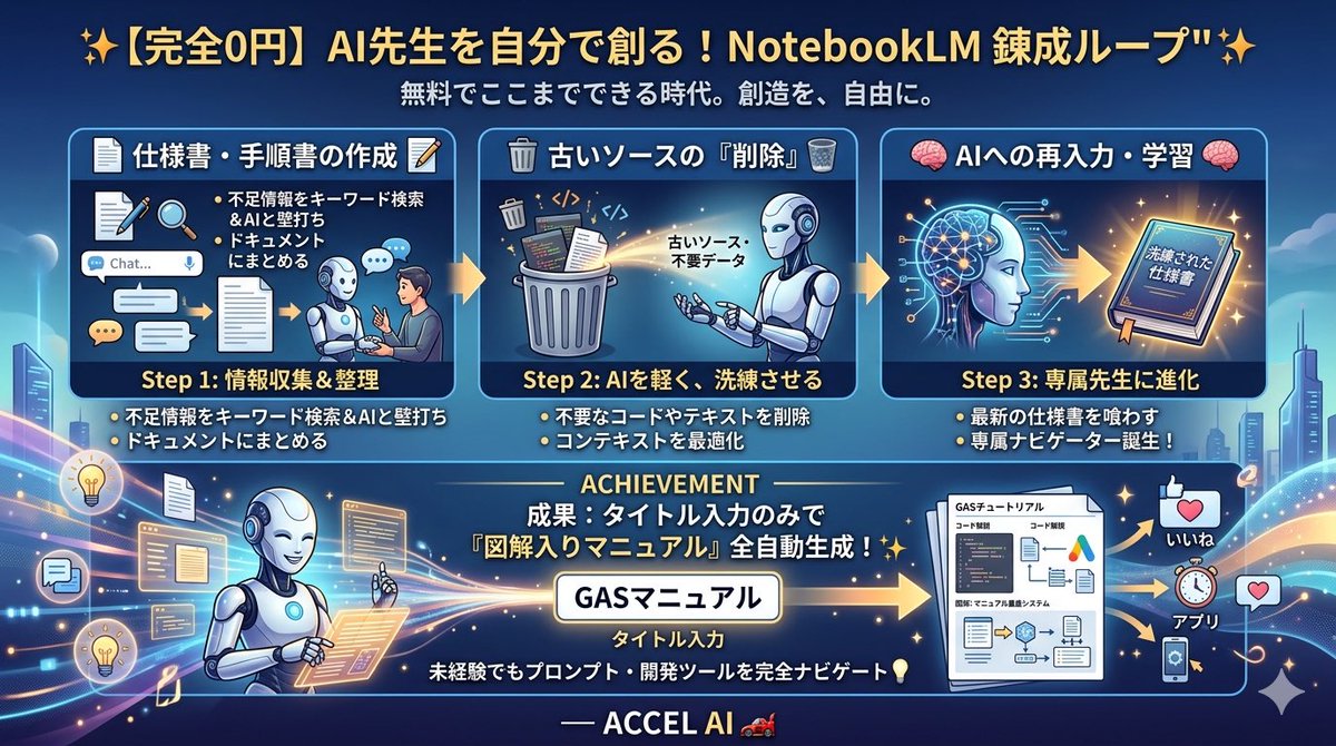 accel_ai_life's tweet photo. 【NotebookLM 錬成ループ】💡

①不���情報をAIに出させ仕様書化
②古いソースは「削除」し軽くする
③洗練された仕様書のみ喰わせる

情報集めから任せ、自分のやりたい事をナビゲートしてくれる先生を自作。

これならど素人でも何だって形にできる。

ゼロから、無限を創れ。✨
— ACCEL AI 🏎️ https://t.co/VlNS9HP6AZ