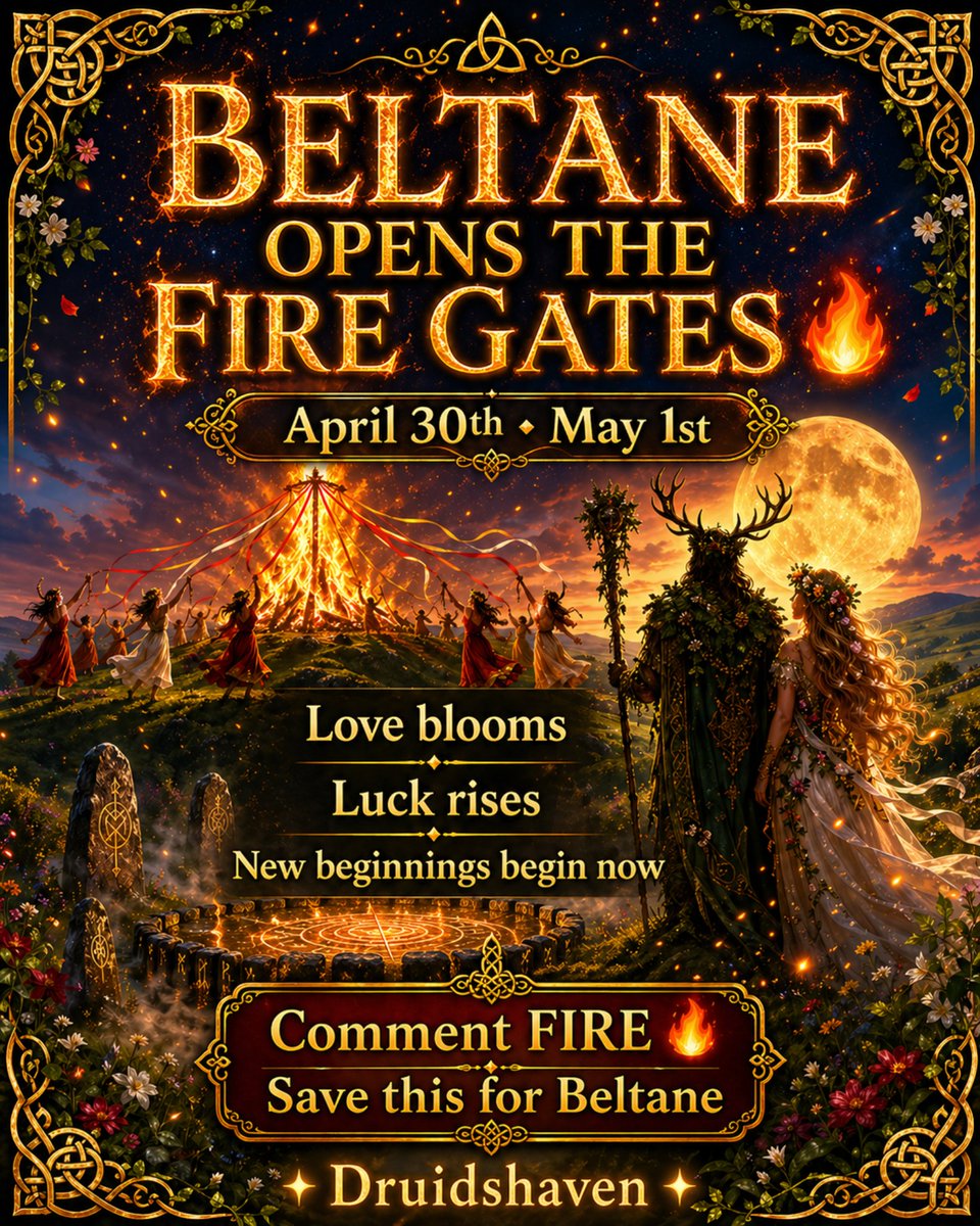 Druidshaven's tweet image. BELTANE opens the fire gates 🔥
April 30th / May 1st marks a powerful turning point for love, luck, passion and new beginnings.
If you’re ready for fresh energy… comment FIRE 🔥

Save this for Beltane.
#Beltane #Manifestation #Spirituality #WitchTok #Pagan #EnergyShift