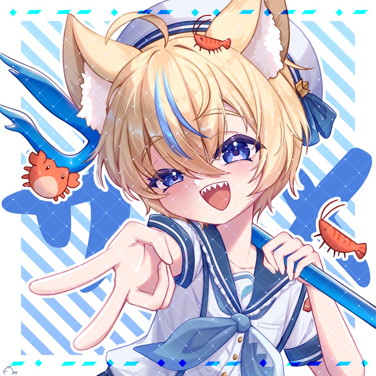 #委託展示 #正比胸像

來自一位喜歡Gura跟Saba的朋友的委託🩵
融合了Gura跟Saba的元素，為他的角色形象設計了這套服裝
也是少數嘗試繪製幼年的角色，意料之外的成功🥺是畫的很開心的一張委託
謝謝老大🩵✨