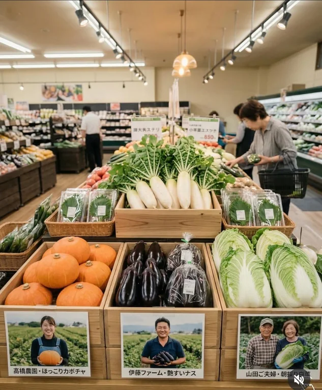 In Japan, some fruit and vegetable boxes show photos of the farmers who grew them.