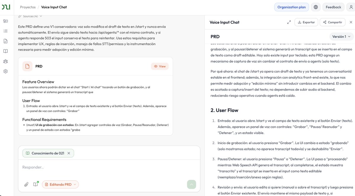 arielmathov's tweet image. Día 299 de #buildinpublic ahora sí, lista la primer feature de 021 hecha por los nuevos agentes de 021: voice input en el chat.

gran paso para nuestra humanidad, momento importante. empecé el refinamiento en 021, con todo el contexto del repo / producto, 021 me ayudo a refinar