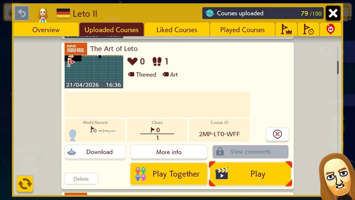 LetoII6's tweet photo. #NintendoSwitch #SuperMarioMaker2 
"The Art of Leto" is back, as well as other levels I deleted in advance. Not sure yet, if I want to remake the levels that Nintendo has deleted. Also, going back to business tomorrow. Hope you can join me. ❤️
https://t.co/TKWIoFpdNF https://t.co/eLGUx0Ob6c
