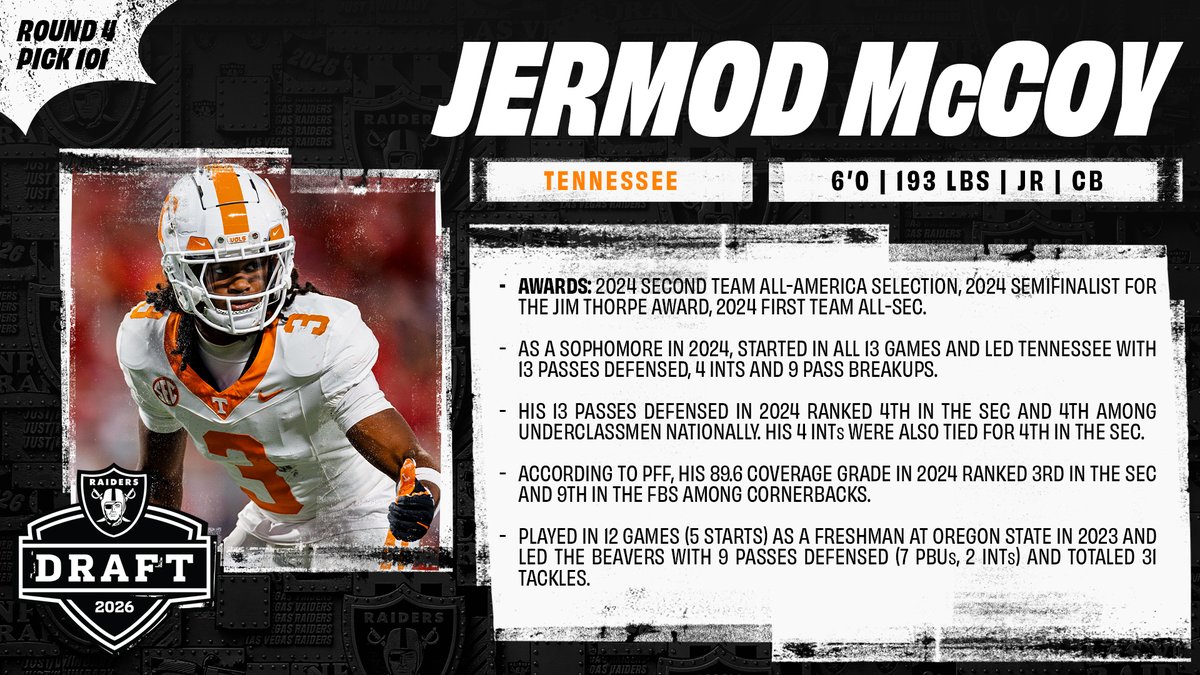 RAIDERS_PR's tweet image. With the 101st pick in the 2026 #NFL Draft, the Las Vegas #Raiders select CB Jermod McCoy (@Jermodmccoy) - @Vol_Football 

#RaiderNation | @Raiders
