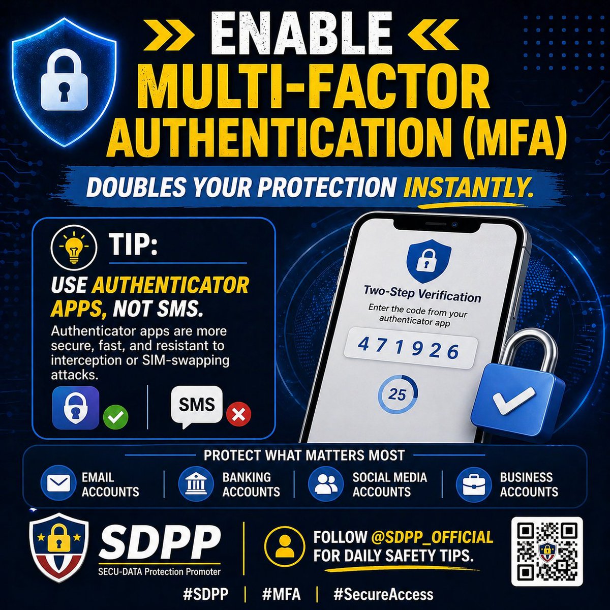 secudata79110's tweet image. 🔐 Enable Multi-Factor #FraudPrevention💡 Pro tip: Use an authenticator app instead of SMS. It’s more secure and better protected against interception and SIM-swapping #OnlineSafety
Protect your email, banking, social media, and business accounts now.
#SDPP #MFA #CyberSecurity